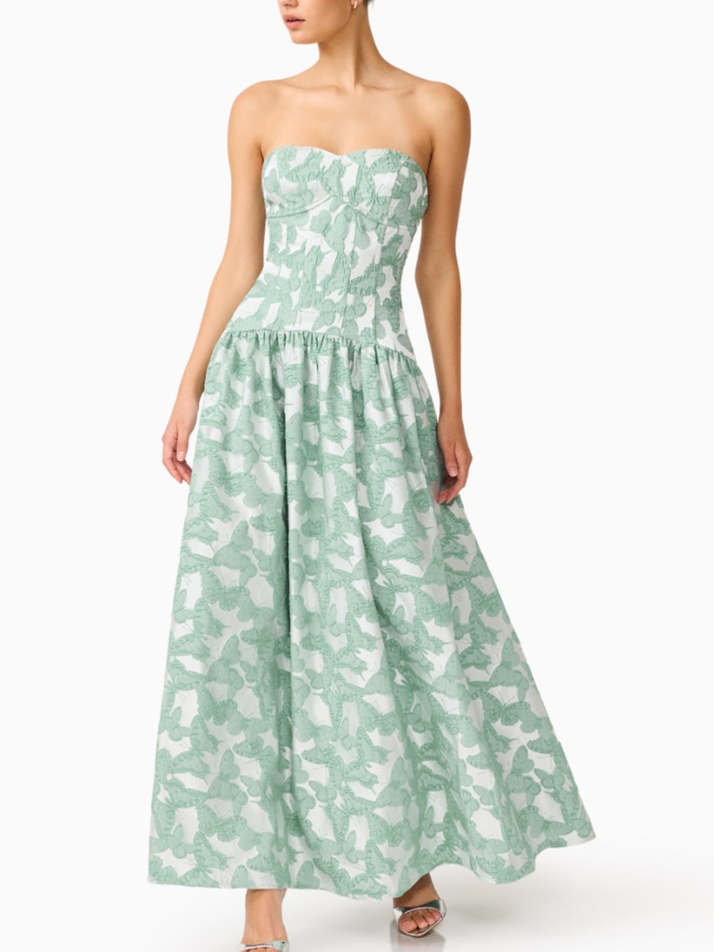 Elliatt Lisette Strapless Gown Sea Green Jacquard Maxi Dress Butterfly SMALL